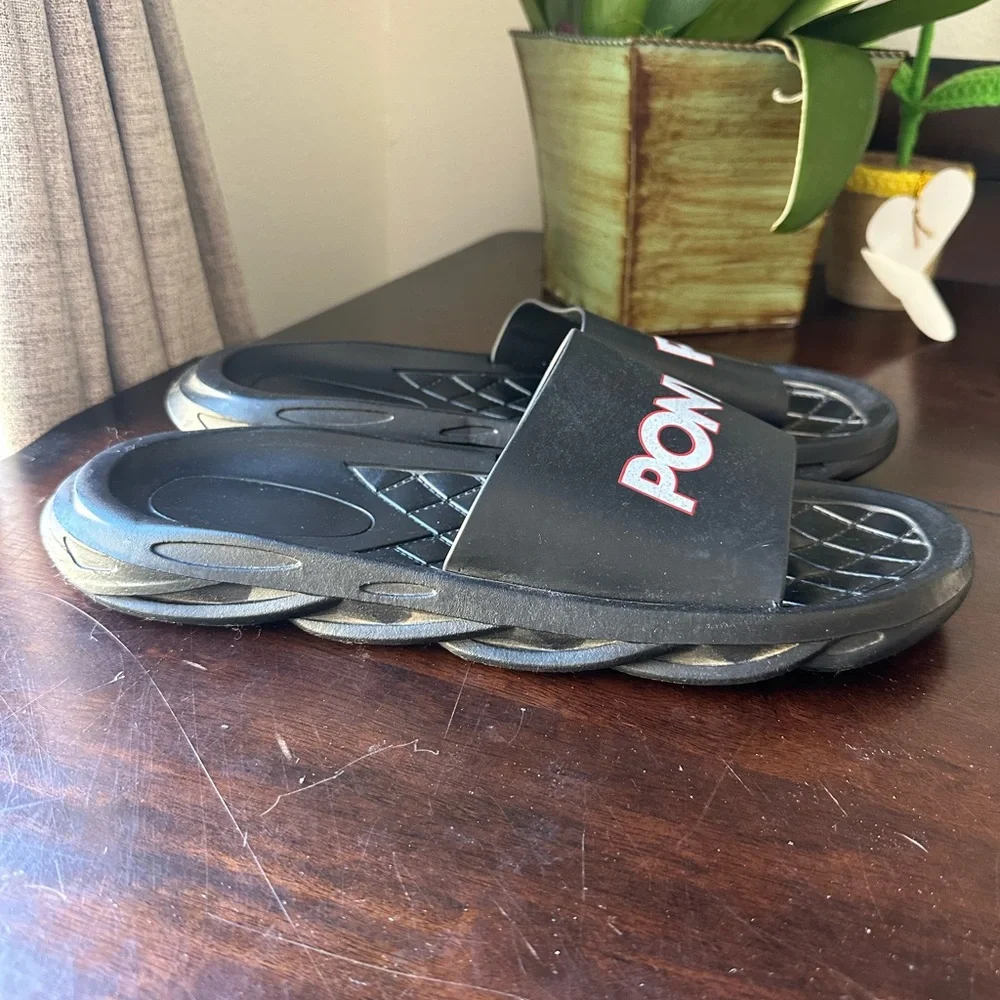 Pony Black Slide Sandals with White and Red Logo